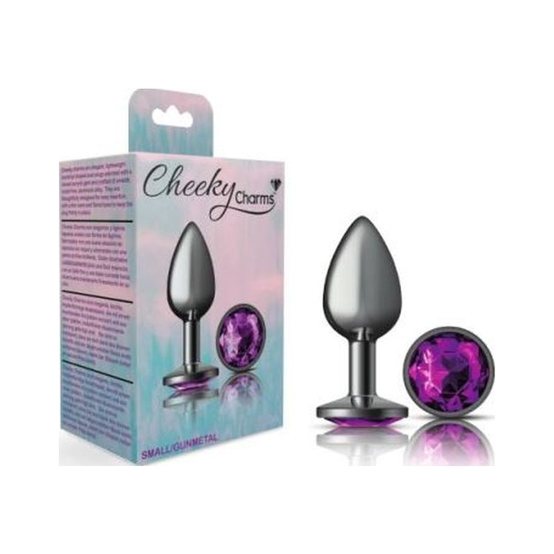 Cheeky Charms Gunmetal Round Butt Plug w Purple Jewel Small