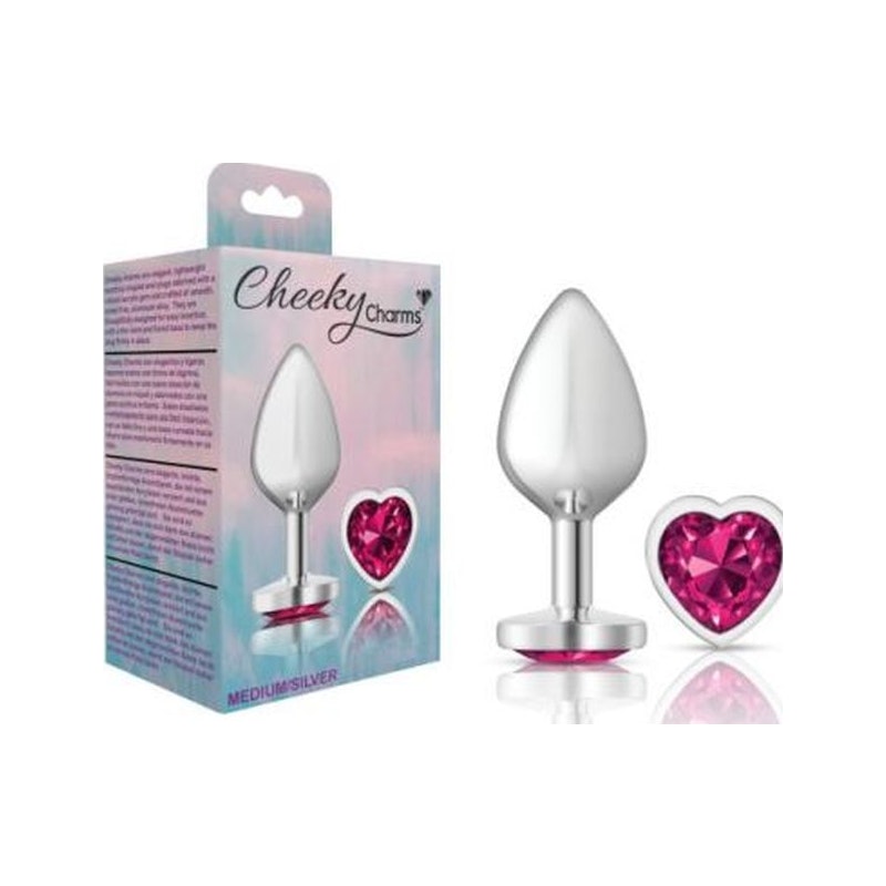 Cheeky Charms Silver Metal Butt Plug w Heart Pink Jewel Medium