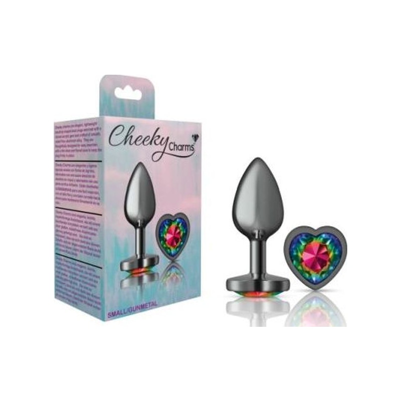 Cheeky Charms Gunmetal Butt Plug w Heart Rainbow Jewel Small