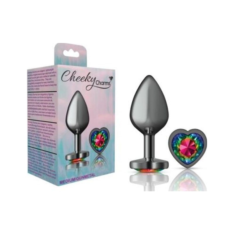 Cheeky Charms Gunmetal Butt Plug w Heart Rainbow Jewel Medium