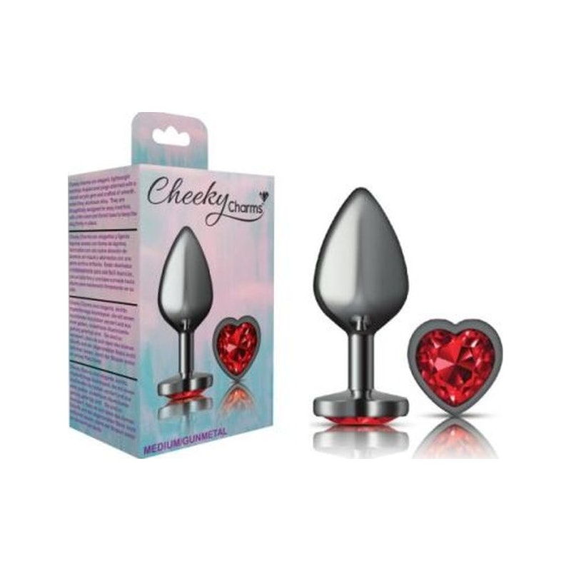 Cheeky Charms Gunmetal Butt Plug w Heart Red Jewel Medium