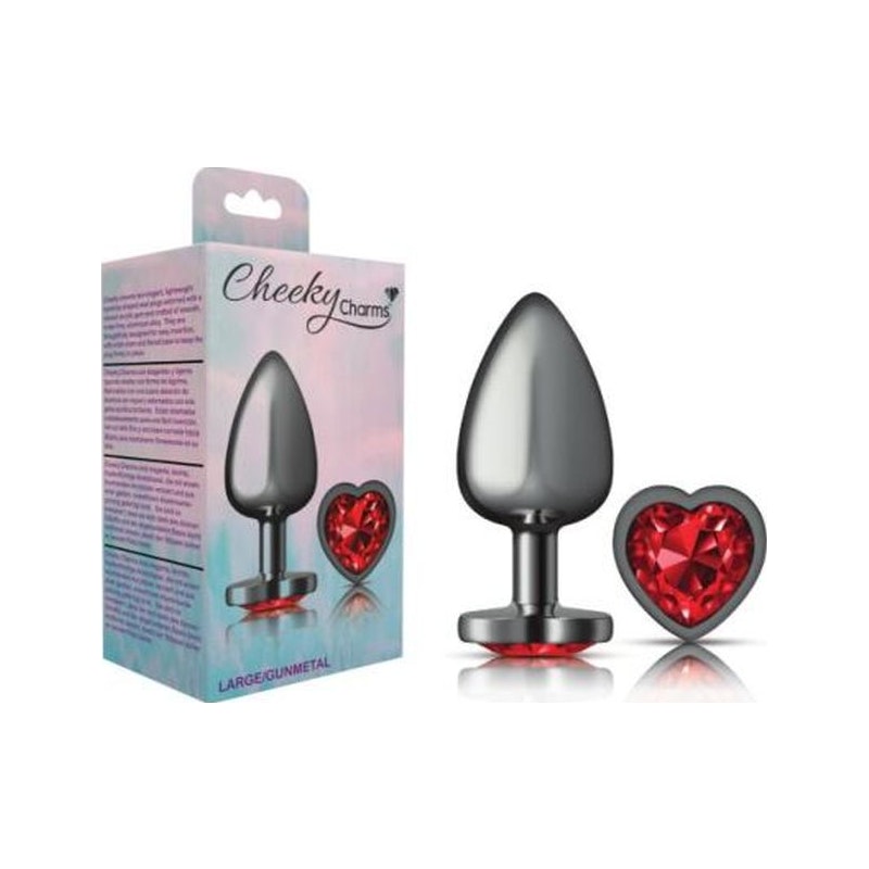 Cheeky Charms Gunmetal Butt Plug w Heart Red Jewel Large