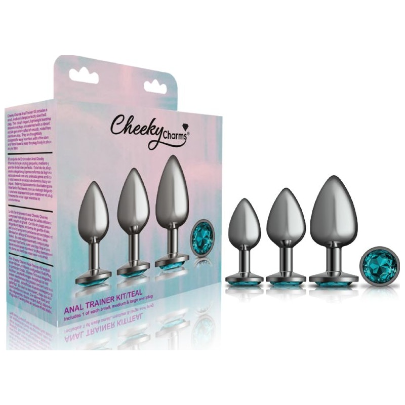 Cheeky Charms Round Metal Butt Plug Gunmetal 3 Pc Kit w Teal Jewel