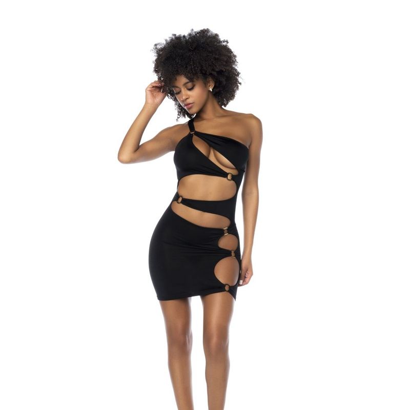 Asymmetrical Cut Out Dress w Ring Details Black-40006-BLK-S/M