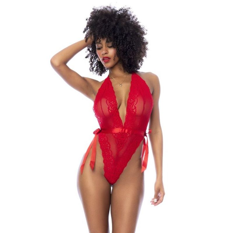 Red Lace Bodysuit with Side Ties-8905-RED-S/M