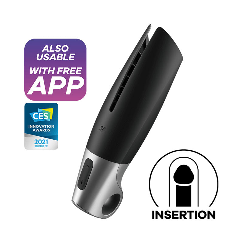 Satisfyer Power Masturbator - Black USB Rechargeable Vibrating Masturbator with App Control-4037332