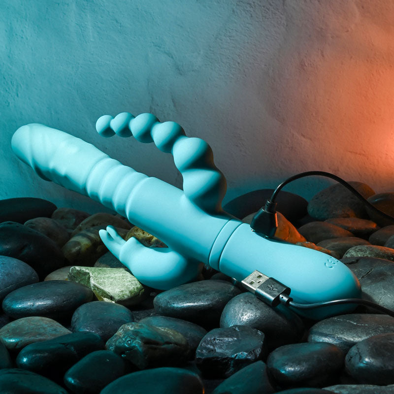 Adam & Eve EVES THRUSTING TRIPLE JOY RABBIT - Teal 25 cm USB Rechargeable Thrusting Rabbit Vibe with Anal Tickler-AE-BL-0068-2