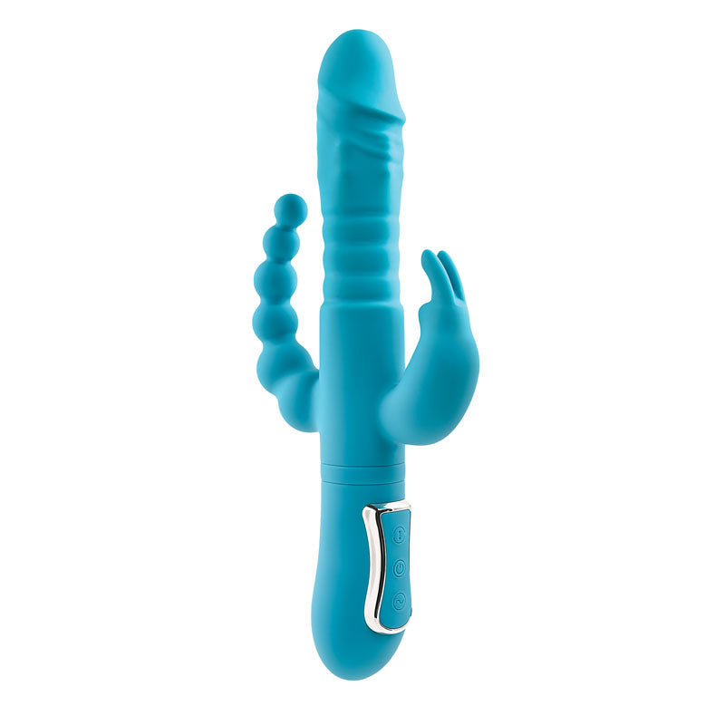 Adam & Eve EVES THRUSTING TRIPLE JOY RABBIT - Teal 25 cm USB Rechargeable Thrusting Rabbit Vibe with Anal Tickler-AE-BL-0068-2