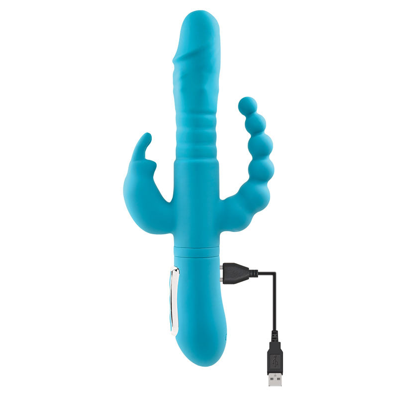 Adam & Eve EVES THRUSTING TRIPLE JOY RABBIT - Teal 25 cm USB Rechargeable Thrusting Rabbit Vibe with Anal Tickler-AE-BL-0068-2