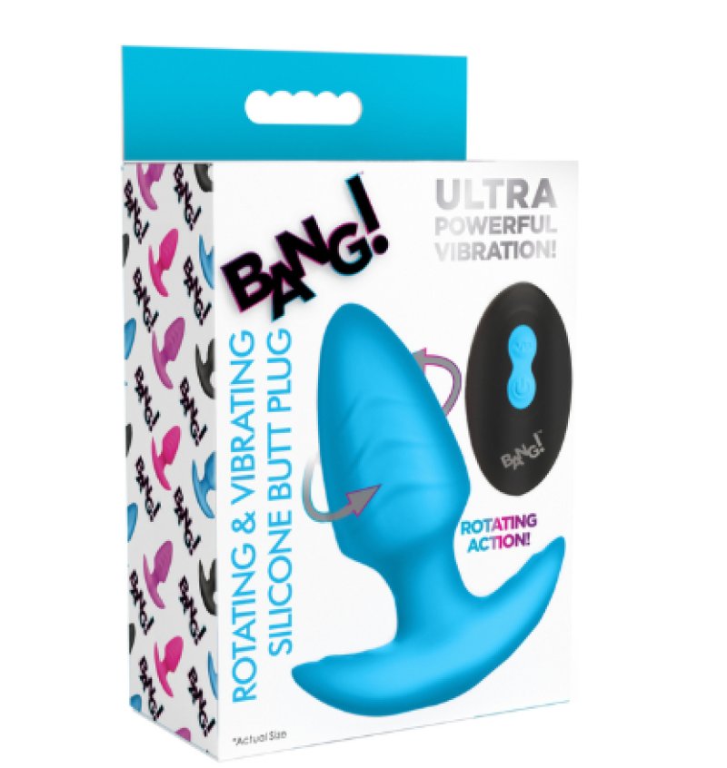 BANG!  10X Rotating & Vibrating Silicone Butt Plug w/ Remote - Blue-AH489-Blue