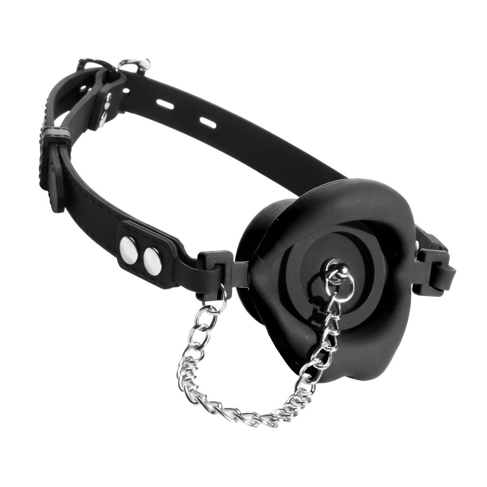 Master Series Plugged - Black Lips Silicone Feeding Mouth Gag - AH980-BLACK
