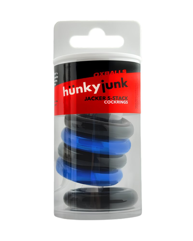 HUNKYJUNK JACKER 5-STACK five-pack tube super-strong  cockrings BLUE/B...-HUJ-151-BL/BK