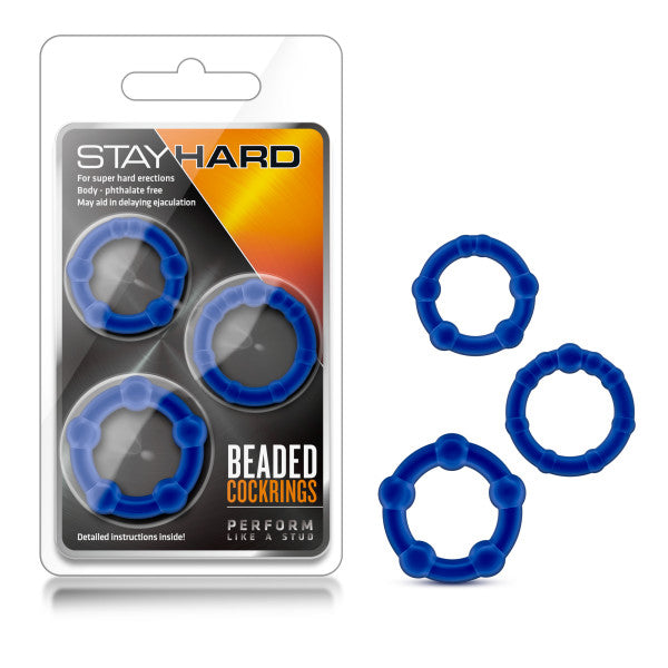 Stay Hard Beaded Cockrings - Blue Cock Rings - Set of  3 Sizes-BL-00013