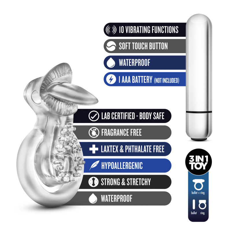 Stay Hard 10-Function Vibrating Tongue Ring - Clear Vibrating Cock & Ball Ring-BL-66912