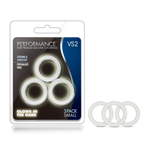 Performance VS2 Pure Premium Silicone Cockrings - Glow In Dark Small Cock Rings - Set of 3-BL-70819