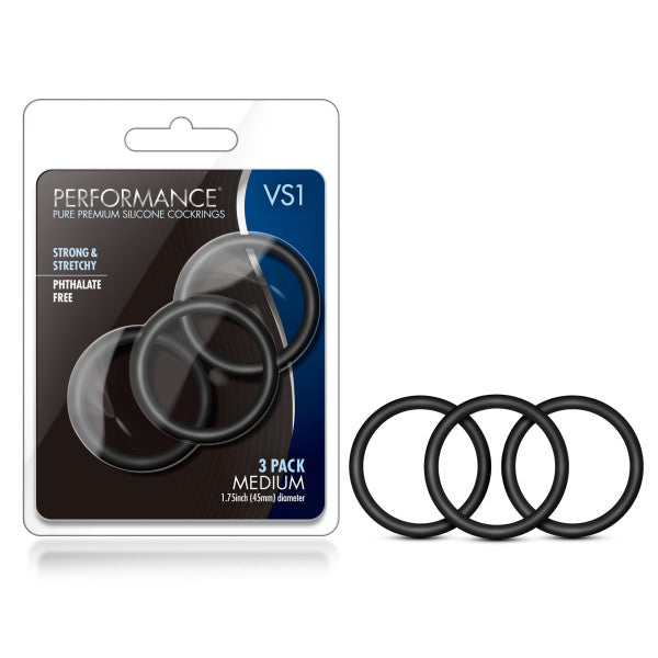 Performance VS1 Pure Premium Silicone Cockrings - Black Medium Cock Rings - Set of 3-BL-71815