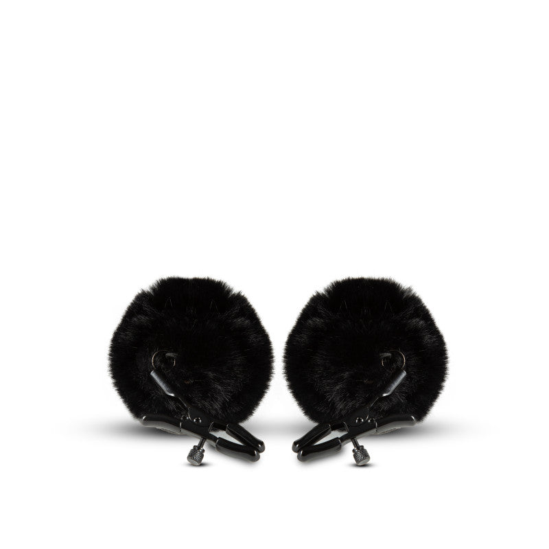 Noir Pom Adjustable Nipple Clamps - Black Furry Nipple Clamps-BL-89305