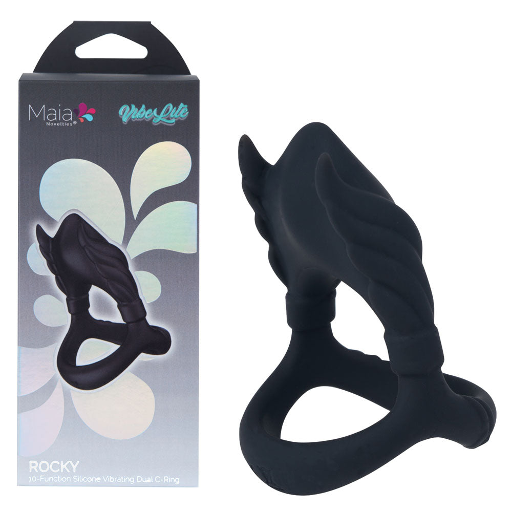 Maia ROCKY - Black - Black USB Rechargeable Vibrating Cock & Balls Ring-BO-25-22-BLACK