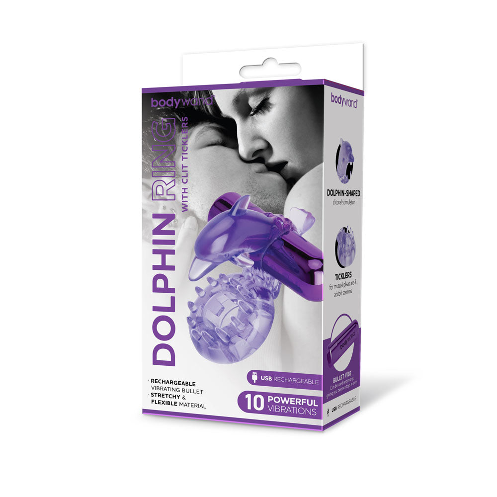 Bodywand Rechargeable Dolphin Ring with Clit Ticklers - Purple USB Rechargeable Vibrating Cock Ring-BW1501