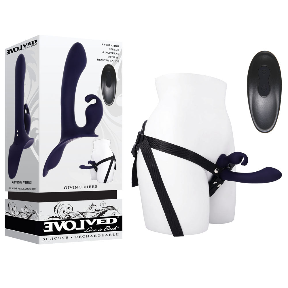 Evolved GIVING VIBES - Black 14.6 cm USB Rechargeable Vibrating Strap-On with Remote-EN-RS-6046-2