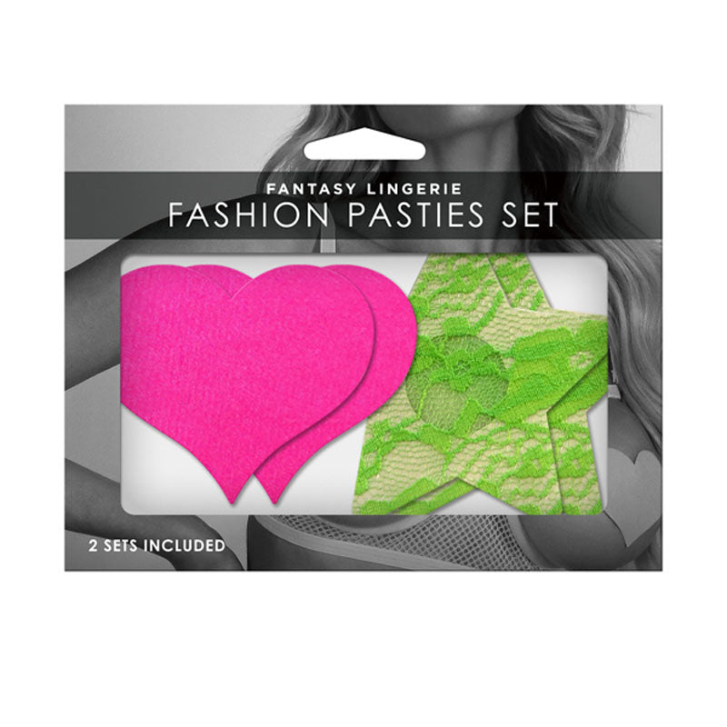 GLOW Fashion Pasties Set - Neon Green & Solid Pink - 2 Sets Included-FLA102-OS-B