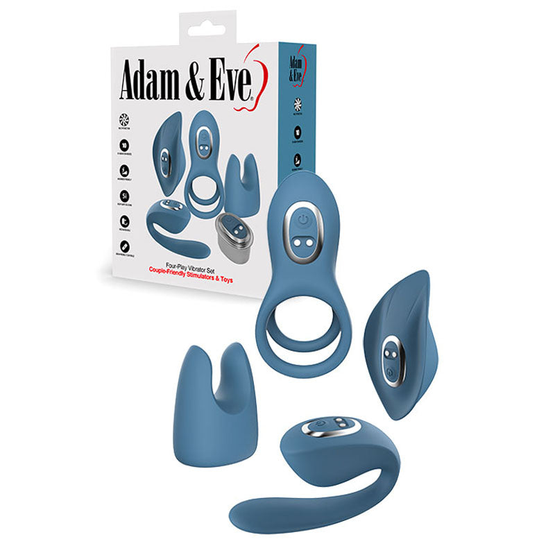 Adam & Eve FOUR-PLAY Vibrator Set - Blue USB Rechargeable Couples Play Kit-I478 0000