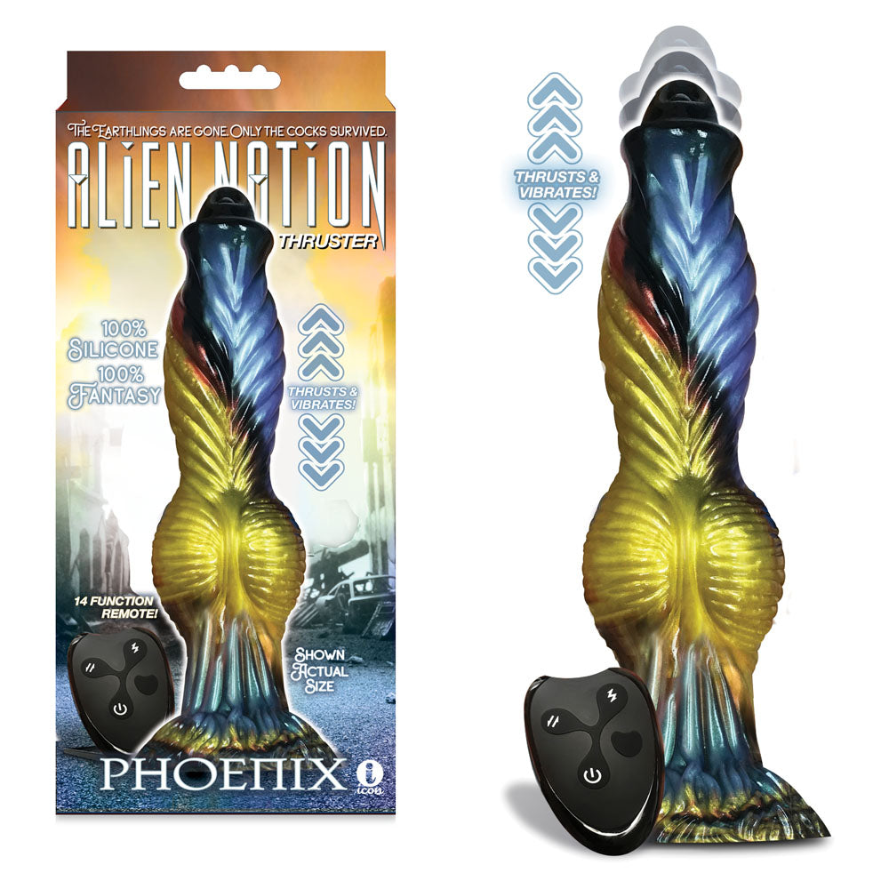 Alien Nation - Phoenix - Gold/Blue & Black 25.4 cm USB Rechargeable Thrusting Fantasy Dong with Remote-IC1361