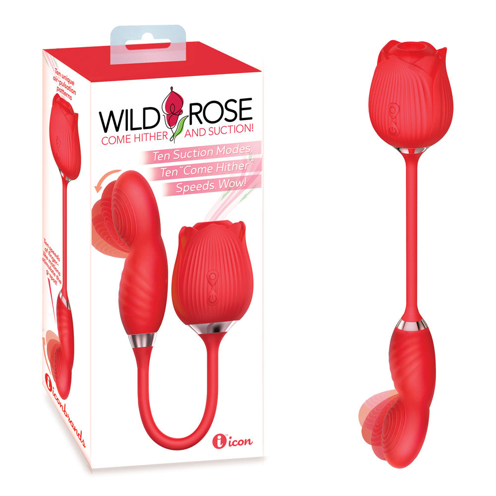 Wild Rose Come Hither & Suction Vibrator - Red USB Rechargeable Air Pulse Stimulator and Vibrator-IC1707