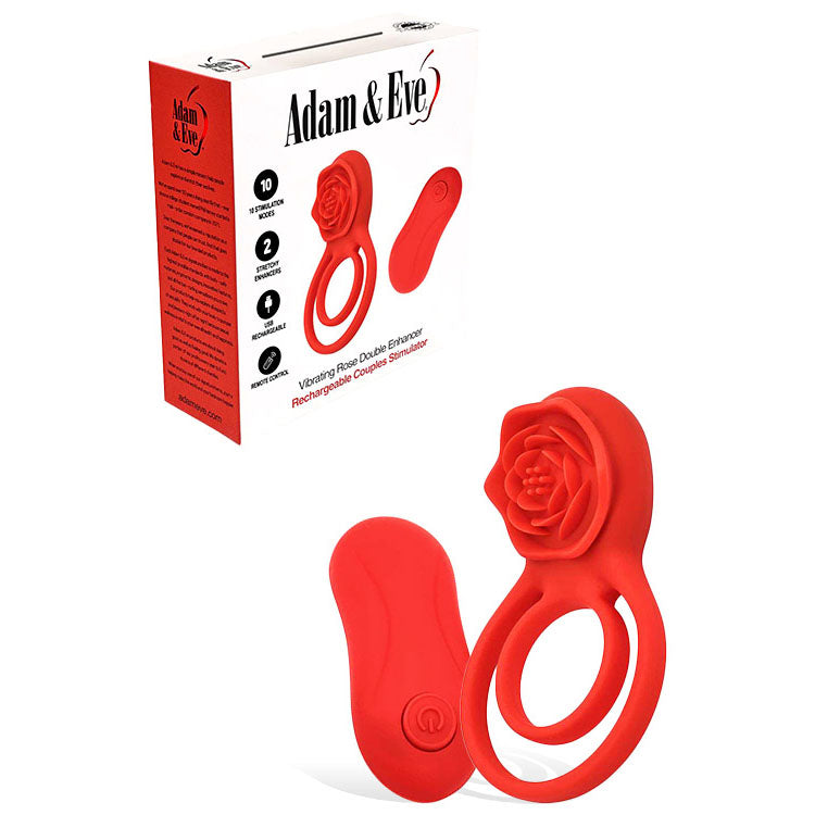 Adam & Eve VIBRATING ROSE DOUBLE ENHANCER - Red USB Rechargeable Cock & Balls Ring with Remote-J661 6000