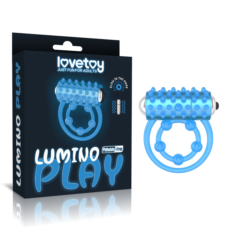 Lumino Play Vibrating Penis & Balls Ring - Glow in the Dark Blue Vibrating Cock Ring-LV343216