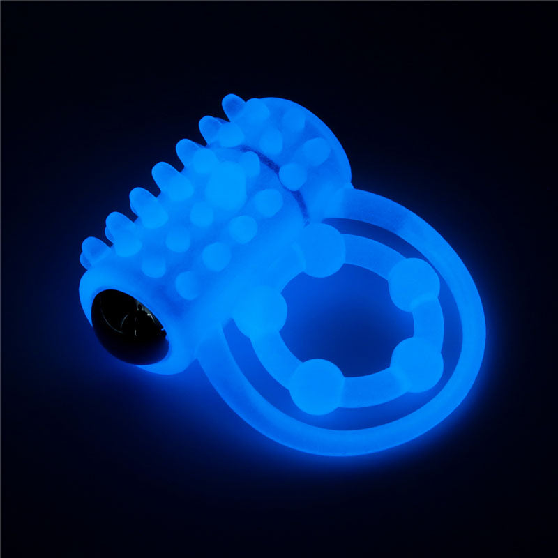 Lumino Play Vibrating Penis & Balls Ring - Glow in the Dark Blue Vibrating Cock Ring-LV343216