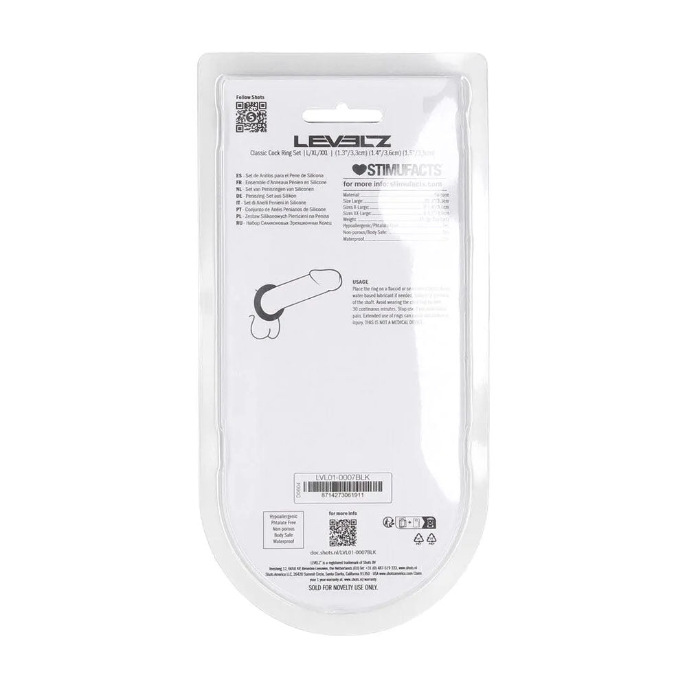 LEVELZ Classic Silicone Cock Ring Set - L/XL/XXL - Black Cock Rings - Set of 3 Sizes-LVL01-0007BLK