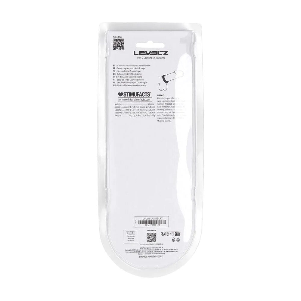 LEVELZ Wide O Silicone Cock Ring Set of 3 - L/XL/2X - Black Cock Rings - Set of 3 Sizes-LVL01-0015BLK