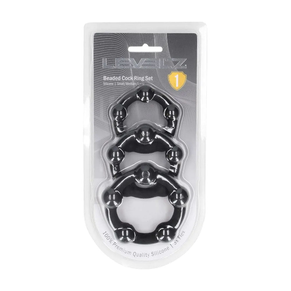 LEVELZ Beaded Silicone Cock Ring Set of 3 - Black - Black Cock Rings - Set of 3 Sizes-LVL01-0024BLK