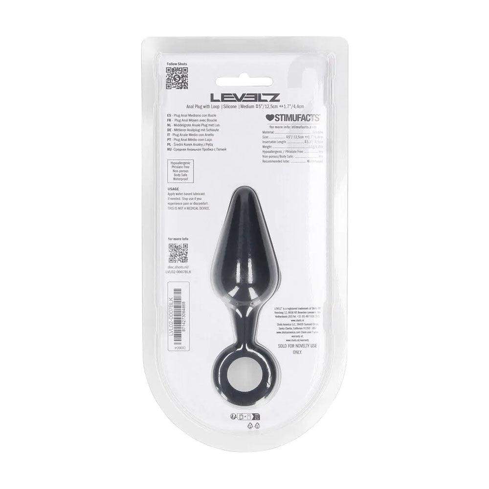 LEVELZ Silicone Anal Plug with Loop - Medium - Black - Black Medium Butt Plug-LVL02-0007BLK