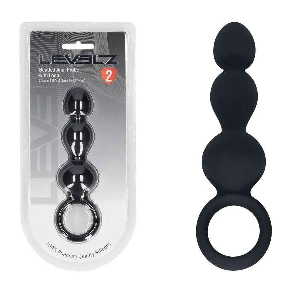 LEVELZ Beaded Silicone Anal Probe with Loop - Black 15.3 cm Beaded Anal Plug-LVL02-0028BLK