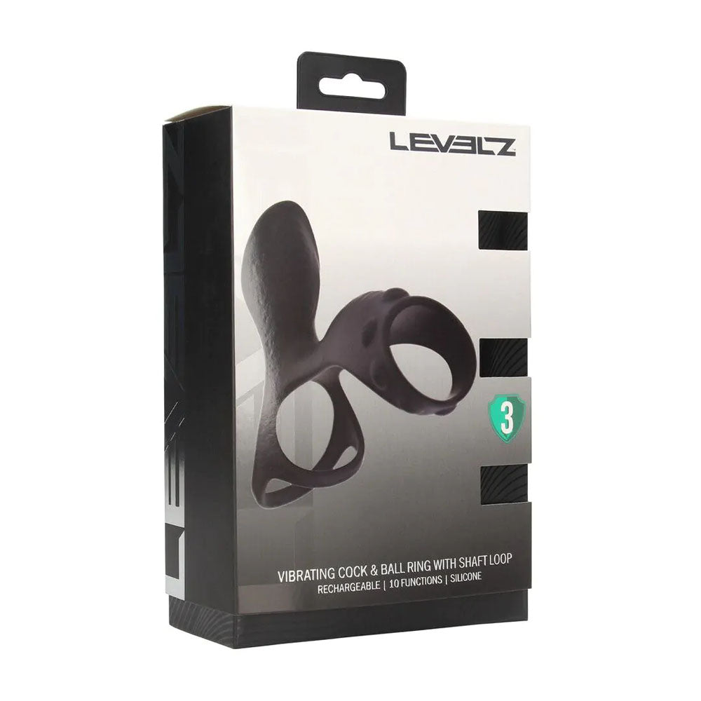 LEVELZ Vibrating Cock & Ball Ring with Shaft Loop - Black USB Rechargeable Vibrating Cock & Ball Rings-LVL03-0031BLK