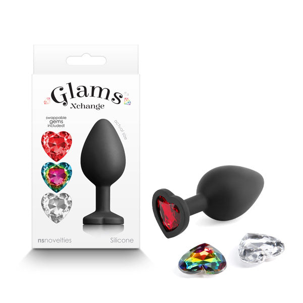 Glams Xchange Heart - Medium - Black Medium Butt Plug with Interchangeable Heart Gems-NSN-0514-13