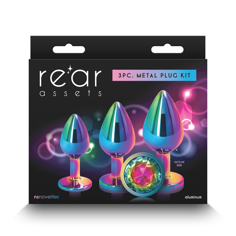 Rear Assets Trainer Kit - Multicolour - Rainbow - Multi Coloured Metallic Butt Plugs with Rainbow Gems - Set of 3 Sizes-NSN-0960-01