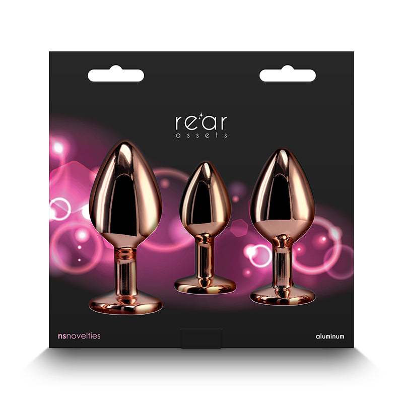 Rear Assets Trainer Kit - Rose Gold - Pink - Rose Gold Metallic Butt Plugs with Pink Gems - Set of 3 Sizes-NSN-0960-03