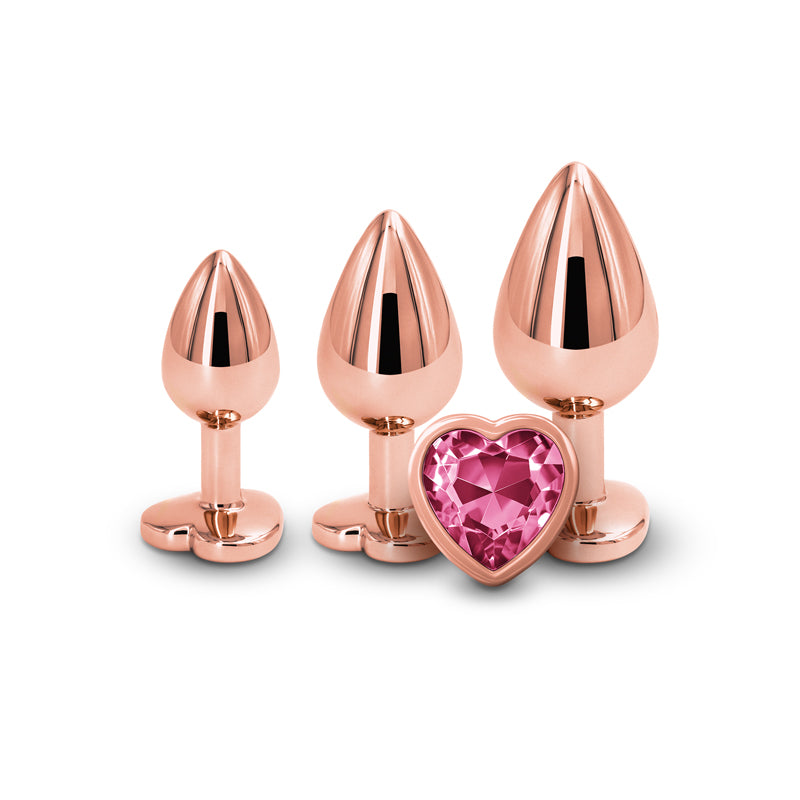 Rear Assets Trainer Kit - Rose Gold - Pink Heart - Rose Gold Metallic Butt Plugs with Pink Hearts - Set of 3 Sizes-NSN-0960-04