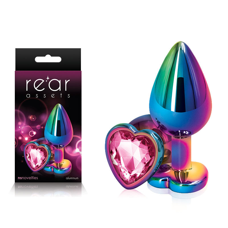 Rear Assets Multi Coloured Heart - Multi Coloured Medium Metal Butt Plug with Pink Heart Gem Base-NSN-0962-24