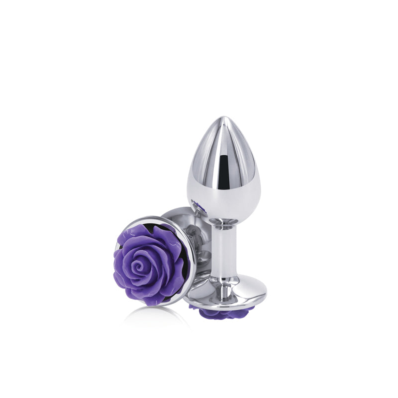 Rear Assets Rose - Small - Chrome 7.6 cm Metal Butt Plug with Purple Rose Base-NSN-0965-15