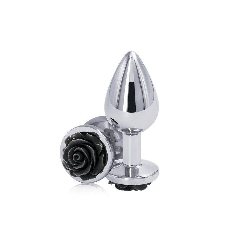 Rear Assets Rose - Medium - Chrome 8.9 cm Metal Butt Plug with Black Rose Base-NSN-0965-23