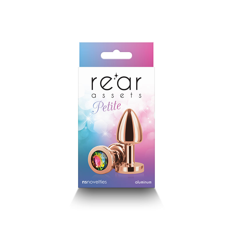 Rear Assets Petite - Rose Gold with Rainbow Gem - Rose Gold 6 cm Metal Butt Plug with Rainbow Round Gem Base-NSN-0966-29