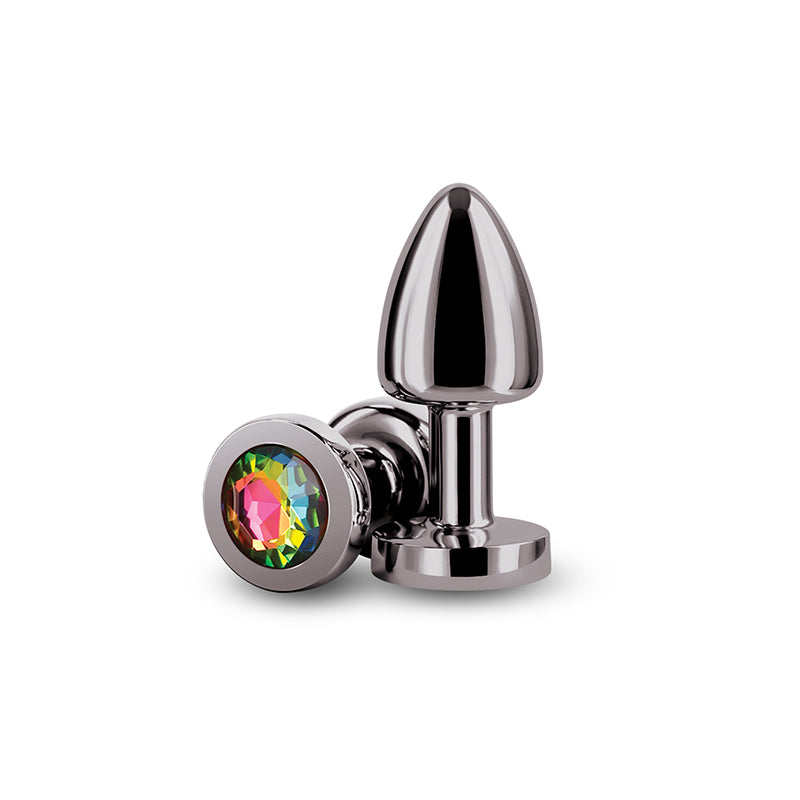 Rear Assets Petite - Gunmetal with Rainbow Gem - Gunmetal 6 cm Metal Butt Plug with Rainbow Round Gem Base-NSN-0966-39