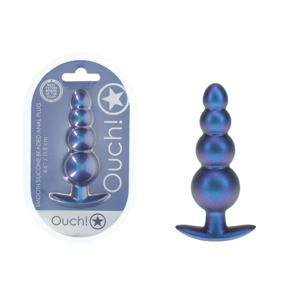 OUCH! Beaded Anal Plug - Metallic Blue - Metallic Blue 11.7 cm Butt Plug-OU1020MBL