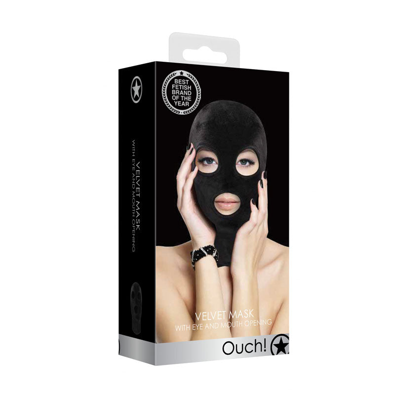 Ouch! Velvet & Velcro Mask with Eye and Mouth Opening - Black Hood-OU523BLK