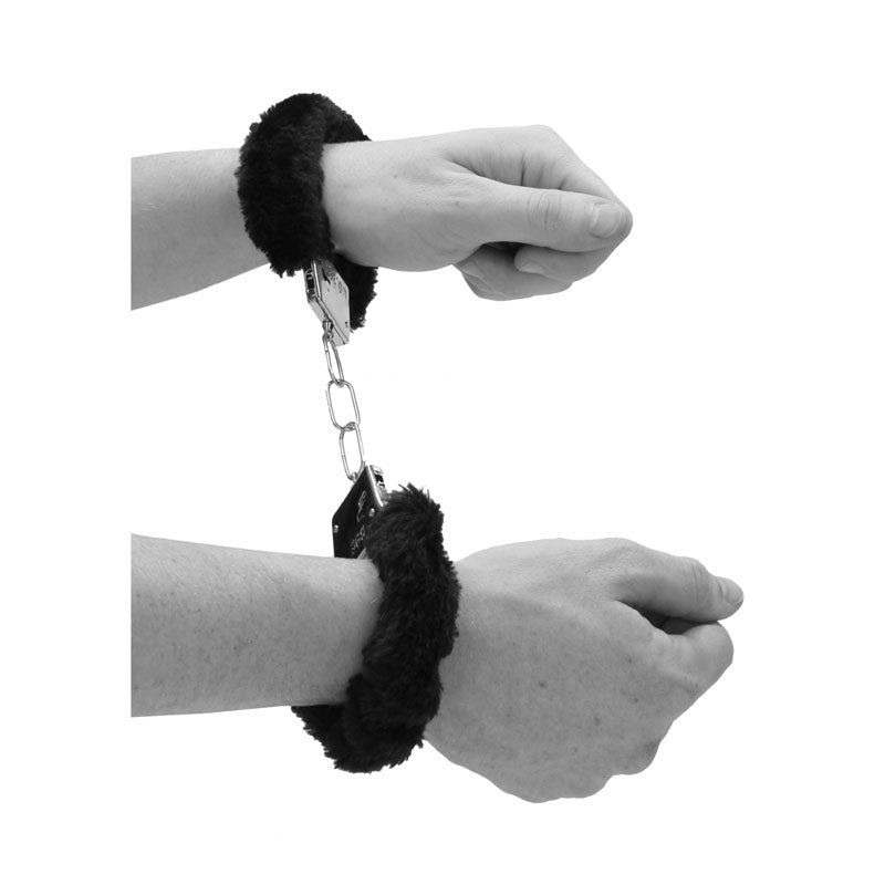 OUCH! Black & White Beginners Furry Hand Cuffs - Black Restraints-OU658BLK