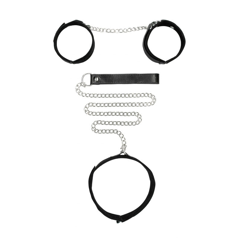 OUCH! BW Velcro Collar With Leash And Hand Cuffs - Black Restraints-OU672BLK